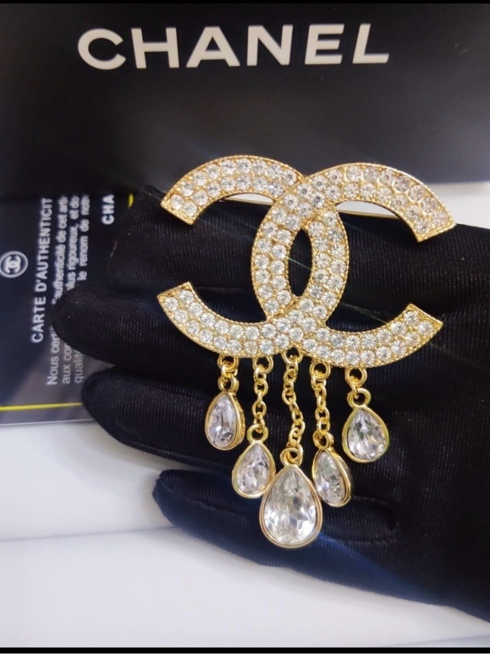 Designer Inspired Gold Crystal CCC Logo Drop Brooch